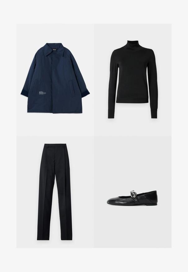 Marineblauer Mantel aus leichtem, wasserabweisendem Material mit einem geschwungenen Kragen, Seitentaschen und weißen Textdetails auf der linken Seite.; Schwarzer Langarmrollkragenpullover mit gerippten Bündchen und Saum, auf einem schlichten weißen Hintergrund präsentiert.; Schwarze Hosen aus glattem Stoff mit hoher Taille, weitem Bein, vorderen Falten und klassischen Gürtelschlaufen. Keine sichtbaren Seitentaschen.; Schwarze Ballettflat mit spitzer Spitze, ausgestattet mit einem Riemen und einer runden, metallischen Schnalle sowie einer flachen Sohle.