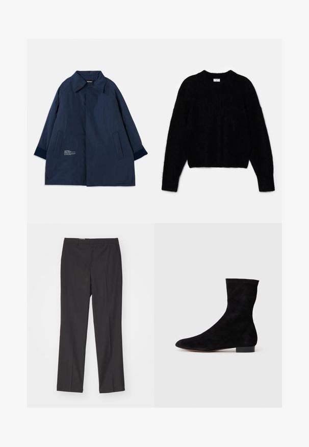 Palton bleumarin dintr-un material ușor, rezistent la apă, cu guler curbat, buzunare laterale și detalii din text alb pe partea stângă.; Pulover scurt negru, confecționat dintr-un material pufos. Are un decolteu rotund și mâneci lungi cu o textură moale. Design minim, fără modele.; Pantaloni negri, călcați, cu un design drept, dotati cu bucle pentru curea și o textură netedă, confecționați dintr-un material ușor.; Cizme scurte din suede negre, cu un știft ajustat, vârful ascuțit și un toc mic, pătrat. Textură netedă și design minimalist, potrivite pentru un stil versatil.