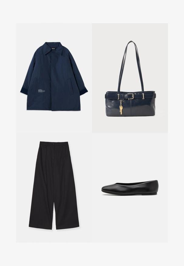 Marineblå frakke i et let, vandafvisende stof med en buet krave, sidelommer og hvide tekstdetaljer på venstre side.; Hvid langærmet skjorte med knapper i en blød bomuldsblanding. Har en klassisk krave, frontlukning med knapper og rundede manchetter.; Sorte brede bukser lavet af et glat stof, med høj talje, forskydninger foran, knaplukning og en lige silhuet.; Paul Smith TOPANGA - Ballerinasko - black; Mørkeblå læderhåndtaske med to lange håndtag, en spænde detaljer og en nøglering vedhæftet. Den har en glat tekstur og en rektangulær form.