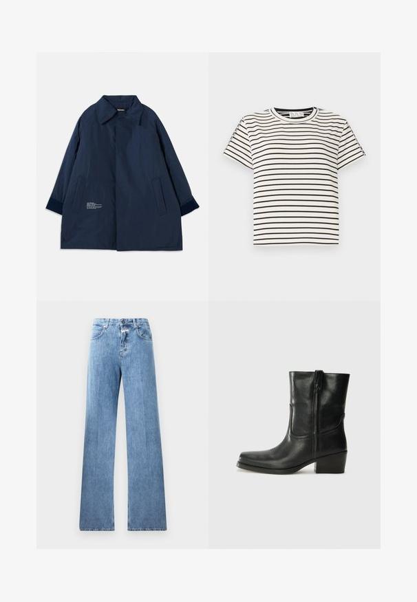 Navy blue coat in a lightweight, water-resistant fabric with a curved collar, side pockets, and white text detailing on the left side.; Cotton short-sleeve T-shirt with a crew neckline, featuring black vertical stripes on a white background and a straight cut design.; Light blue denim jeans with a wide-leg design, five pockets, belt loops, and a button closure. The fabric has a smooth texture.; Black leather ankle boot with a rounded toe, block heel, side zipper, and stitching accents on the vamp. Smooth texture, classic design.