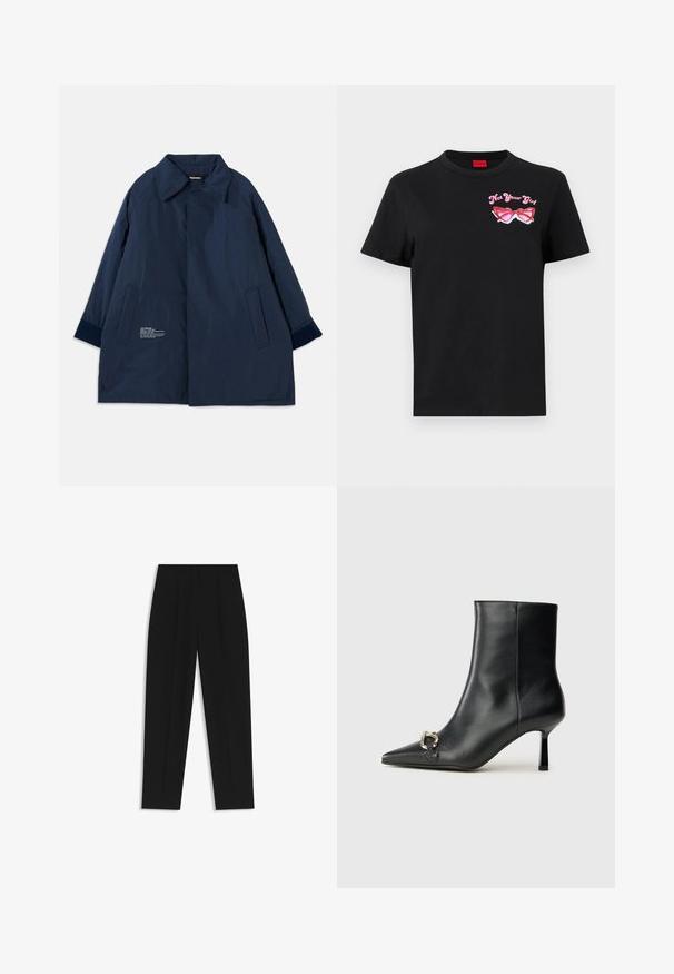Marineblå frakke i et let, vandafvisende stof med en buet krave, sidelommer og hvide tekstdetaljer på venstre side.; Sort bomulds t-shirt med korte ærmer, der har et pink grafisk motiv af solbriller og teksten "Not Your Girl" på venstre brystområde.; Sorte bukser med lige pasform, der har dobbelte folder, en glat tekstur og et klassisk taljedesign. Ingen synlige hardware eller accenter.; Sort læder ankelstøvle med spidse tæer, slank hæl i mellemhøjde og sølvspænde detaljer på siden mod en ensfarvet baggrund.