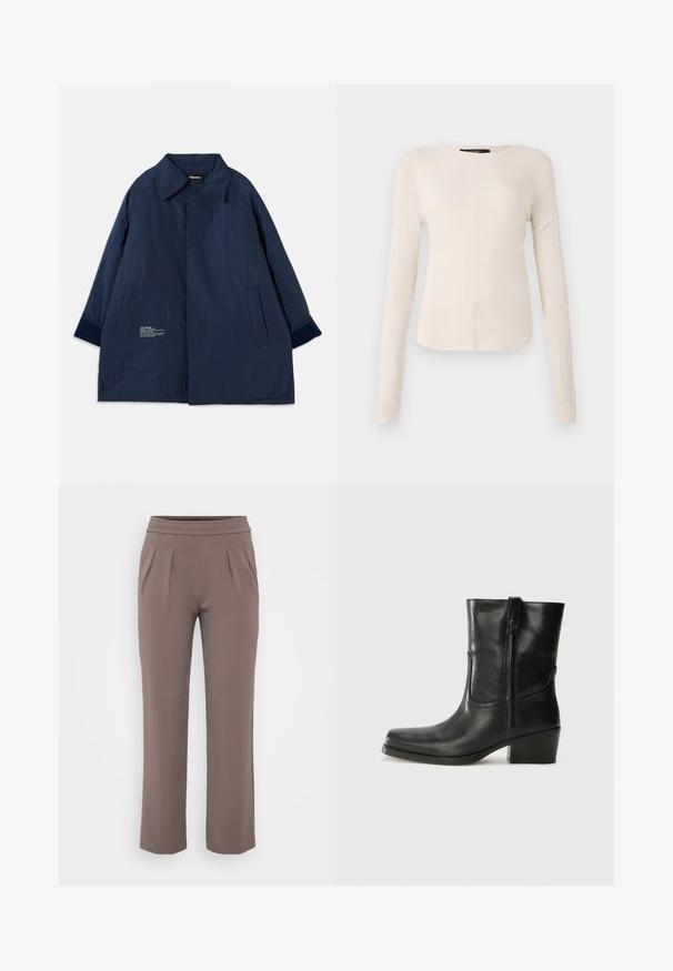 Tummansininen takki kevyestä, vettä hylkivästä kankaasta, jossa on kaareva kaulus, sivutaskut ja valkoista tekstiä vasemmalla puolella.; Pitkähihainen, vaaleanbeige paita, jossa on pyöreä kaula-aukko. Valmistettu pehmeästä kankaasta, jossa on keskeinen sauma ja hieman kaareva helma. Ei näkyvää metalliosaa.; Harmaat löysät housut, joissa on joustava vyötärö ja etutaskut, valmistettu sileästä kankaasta.; Musta nahkasaapas nilkkamittaisella varrella, pyöreällä kärjellä, lohkarekorolla, sivuvetoketjulla ja ompeluaksentilla varren yläosassa. Suora pinta, klassinen muotoilu.