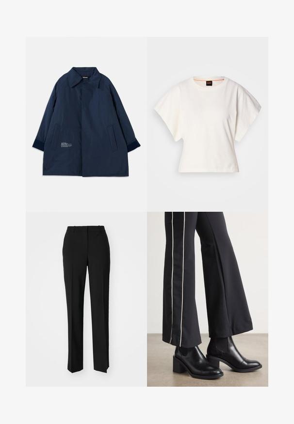 Cappotto blu navy in un tessuto leggero e resistente all'acqua, con colletto curvo, tasche laterali e dettagli in bianco sul lato sinistro.; T-shirt bianca cropped, maniche corte e larghe, tessuto di cotone morbido, scollatura rotonda con bordino arancione sottile, design minimale, senza motivi o grafiche.; Pantaloni neri su misura con un design a gamba dritta, caratterizzati da una texture liscia e pieghe ben definite sul davanti. Senza hardware visibile.; Stivaletti in pelle nera con tacco a blocco, dotati di pannelli elastici sui lati. Abbinati a pantaloni neri con una striscia bianca laterale.