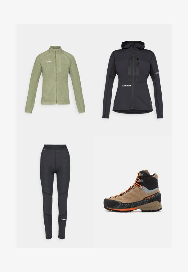 Giacca in pile verde oliva, presenta un alto colletto, chiusura con zip e tasca sul petto angolata. Texture liscia con cuciture a contrasto.; Giacca sportiva nera con cappuccio, dotata di tasche con zip e pannello texturizzato sulle maniche. Logo sul davanti e sulla manica. Materiale progettato per la flessibilità.; Canottiera nera senza maniche con un motivo texturizzato, caratterizzata da un colletto rotondo e un logo "MAMMUT" sul davanti. Realizzata in materiale traspirante.; Leggings sportivi neri con pannelli testurizzati e cuciture rinforzate, caratterizzati da un logo a marchio e un ampio elastico in vita.; Stivale da trekking alta in beige e nero con lacci arancioni, punta in gomma, tomaia testurizzata e suola robusta. Presenta supporto rinforzato per la caviglia.