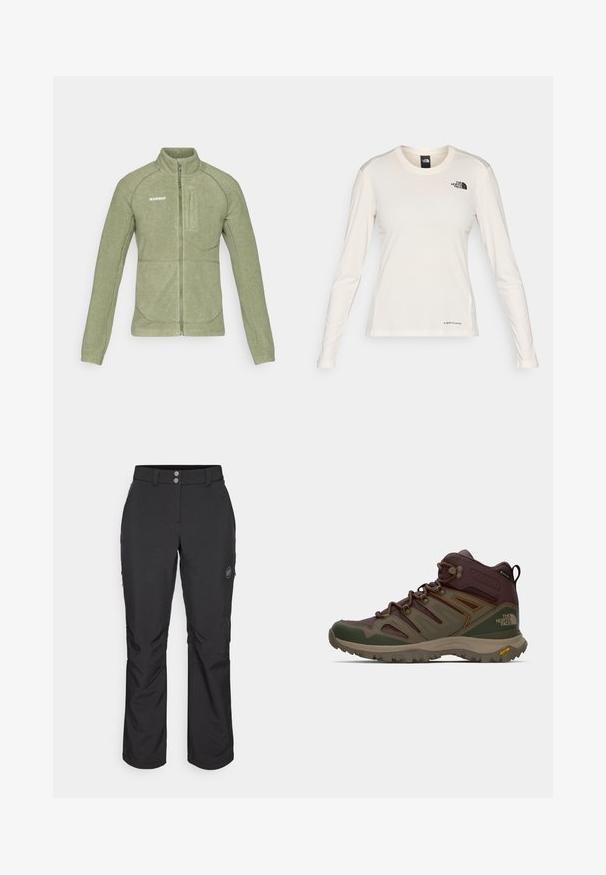 Chaqueta de forro polar en verde oliva, con un alto cuello, cierre de cremallera y un bolsillo en el pecho en ángulo. Textura suave con costuras en contraste.; The North Face SHADOW LONG SLEEVE - Camiseta de manga larga - white dune; Pantalones exteriores negros de corte recto, con cierre de botón, bolsillos laterales con cremallera y un parche con el logotipo en el muslo izquierdo.; Botas de senderismo marrones y verdes con paneles de malla, suela de goma y características de soporte. Incluye una superficie texturizada y un sistema de cordones prominente.