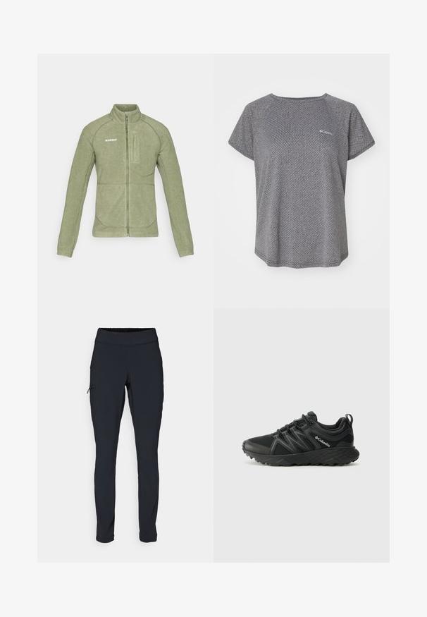 Casaco de fleece em verde oliva, com gola alta, fecho de zip e bolso de peito em ângulo. Textura suave com costuras contrastantes.; Camisa cinza de manga curta com um padrão texturizado subtil, decote redondo e logótipo da Columbia no peito. Tecido suave, ajuste descontraído.; Calças de atletismo pretas com um corte ajustado, cintura elástica e um bolso lateral com fecho. Tecido suave e elástico com costuras mínimas.; Columbia PEAKFREAK - Sapatos de caminhada - black