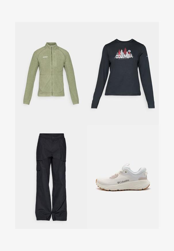 Fleecová bunda v olivovo zelenej farbe, s vysokým golierom, zipsom a šikmou náprsní kapsou. Hladký povrch s kontrastnými švami.; Dlhý rukáv, tmavošedá košeľa s grafikou červených stromov a hôr; logo "COLUMBIA" v tučnom bielom texte. Mäkká tkanina, štandardný okrúhly výstrih.; Columbia BREA FALLS™ COTTON RIPSTOP PANT - Outdoorové nohavice - black; Ľahká športová obuv Columbia v bielej sieťovine s textúrovanou šedou podrážkou a gumovou trakciou. Obsahuje polstrovaný golier a dizajn na šnurovanie.