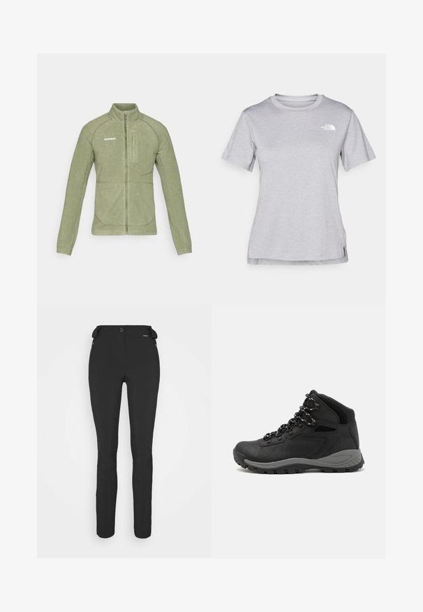 Olive roheline fliistekk, millel on kõrge krae, luku sulgemine ja kaldus rinna tasku. Sile tekstuur kontrastsete õmblustega.; Hall juppuvarrega, pehmeast, niiskust eemaletõukavast kangast lühikeste varrukatega hall T-särk. Omab ümarat kaelust ning väikest valget logo vasakul ülal.; Mustad, hästi istuvad püksid, mis on valmistatud paindlikust materjalist. Omadusteks on lukuga küljetasku, artikeeritud põlved ja sile pind.; Mustarjaline matkasaabas, millel on keskmine disain, tekstuuriga ülemine osa, hallid aktsendid ja vastupidav kummist põhi, millel on haardelugesid.