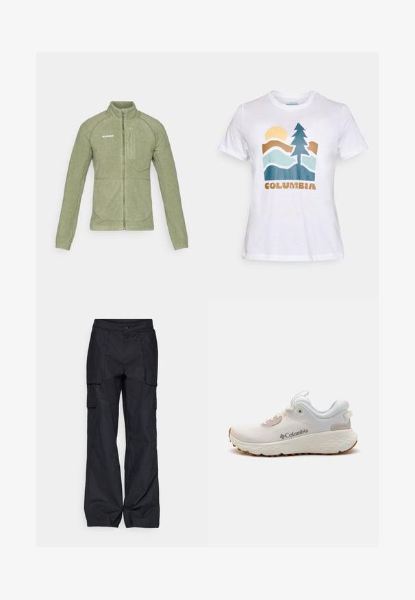Casaco de fleece em verde oliva, com gola alta, fecho de zip e bolso de peito em ângulo. Textura suave com costuras contrastantes.; T-shirt branca de manga curta com uma graphic de um sol, árvore, montanhas e a palavra "Columbia" em letras castanhas na parte da frente.; Columbia BREA FALLS™ COTTON RIPSTOP PANT - Calças para exterior - black; Sapatilha atlética leve da Columbia em malha branca com uma sola cinza texturizada e tração em borracha. Apresenta um colarinho acolchoado e um design com atacadores.