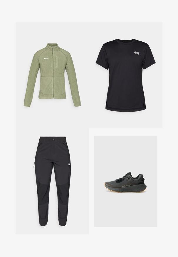 Fleece jacket in olive green, features a high collar, zip closure, and angled chest pocket. Smooth texture with contrasting seams.; The North Face FLEX SHORT SLEEVES TEE - Sports T-shirt - black; Black outdoor pants made of durable fabric. Feature zippered pockets, reinforced knee panels, and a straight cut design for mobility.; Columbia TERRASTRIDE CRZ - Hiking shoes - shark/black