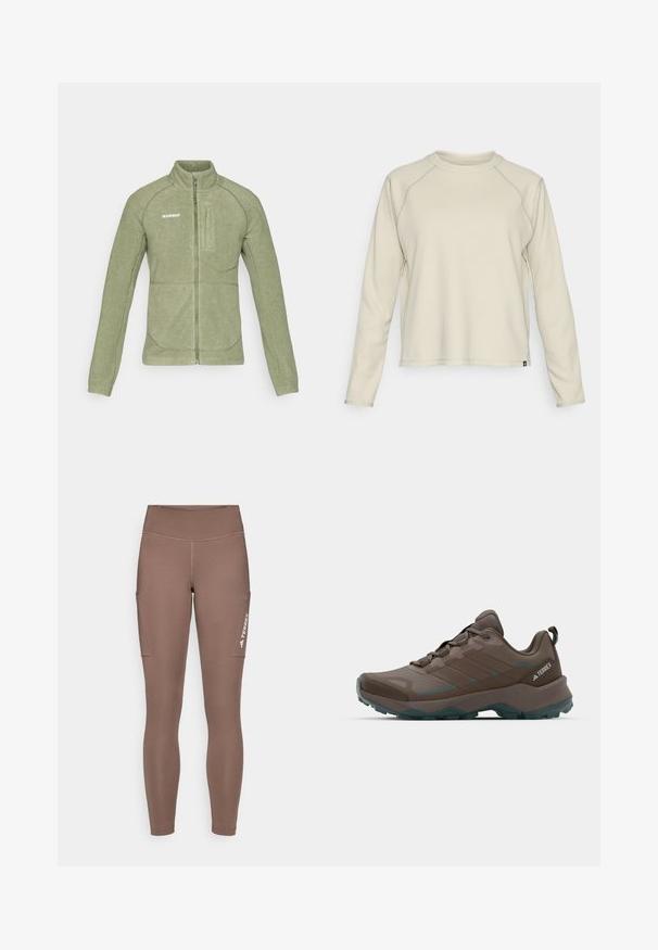 Chaqueta de forro polar en verde oliva, con un alto cuello, cierre de cremallera y un bolsillo en el pecho en ángulo. Textura suave con costuras en contraste.; Top de manga larga beige claro con un diseño texturizado y acanalado. Presenta mangas raglán y un escote redondeado. Sutil logo de la marca en el dobladillo.; Mallas deportivas marrones con una cintura alta, que cuentan con bolsillos laterales y un logo blanco. Tejido suave y elástico para mayor comodidad y movilidad.; Zapatos de senderismo grises y verde azulado con paneles de malla, parte superior texturizada y suela de goma resistente. Cuenta con lengüeta acolchada y diseño de cordones.