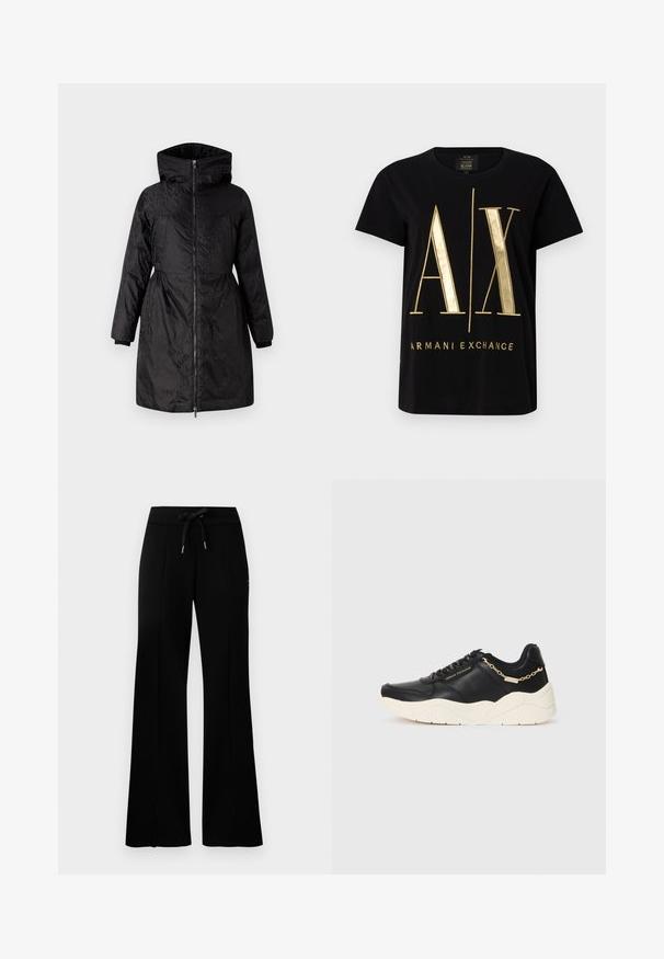 Fekete puffos kabát magas gallérral, cipzáras záródással és hosszú ujakkal. Texturált anyag, finom mintázattal és rugalmas mandzsettákkal.; Fekete pamut póló, merész arany "A/X" logóval és "ARMANI EXCHANGE" felirattal, rövid ujjú, kerek nyakkivágású, sima textúrájú.; Fekete, bő lábú melegítőnadrág, befestett derékkal, oldalsó hasítékokkal, puha anyagból készült, letisztult dizájnnal.; Fekete bőr sneaker, vastag krém színű talppal, arany színű lánc díszítéssel és fekete fűzőkkel. Simára megmunkált felület, oldalt domború logóval.