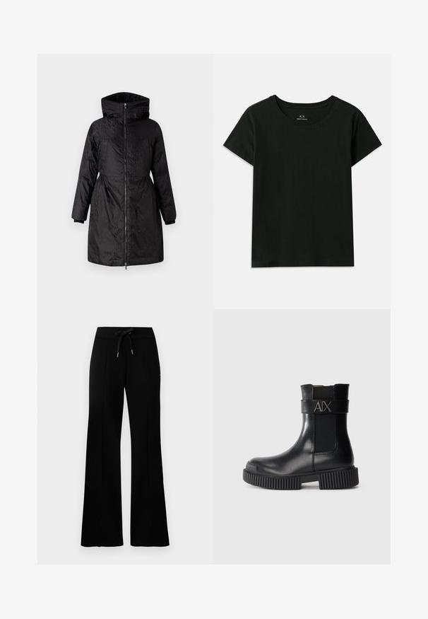 Svart polstret jakke med høy krage, glidelås foran og lange ermer. Tekstilt stoff med et subtilt mønster og elastiske mansjetter.; Svart kortermet T-skjorte laget av bomull. Har rund hals og preget "Armani Exchange"-tekst langs skulderen. Enkel design.; Svart vid bukse med snøring i midjen, sidelommer, myk stoff og et elegant design.; Sorte ankelstøvler laget av blank lær med elastiske sidepaneler. Har en kraftig ribbet såle og en stropp med "AIX"-logo.