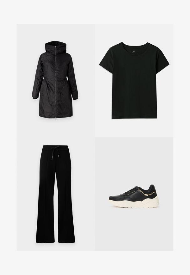 Juodas paminkštintas paltas su aukštu apykakle, užtrauktuku ir ilgomis rankovėmis. Tekstūruotas audinys su subtiliu raštu ir elastingais rankogaliais.; Juodas trumpomis rankovėmis T-marškiniai, pagaminti iš medvilnės. Su apvaliu kaklu ir iškilniu „Armani Exchange“ tekstu palei petį. Paprastas dizainas.; Juodi platūs sportiniai kelnių su raišteliu liemeniu, šoninėmis įpjovomis, minkšta medžiaga ir elegantiškas dizainas.; Juodos odinės sportinės batai su storu kreminiu padu, auksinės spalvos grandinėlės akcentu ir juodais raišteliais. Lygi tekstūra su iškilniu logotipu šone.