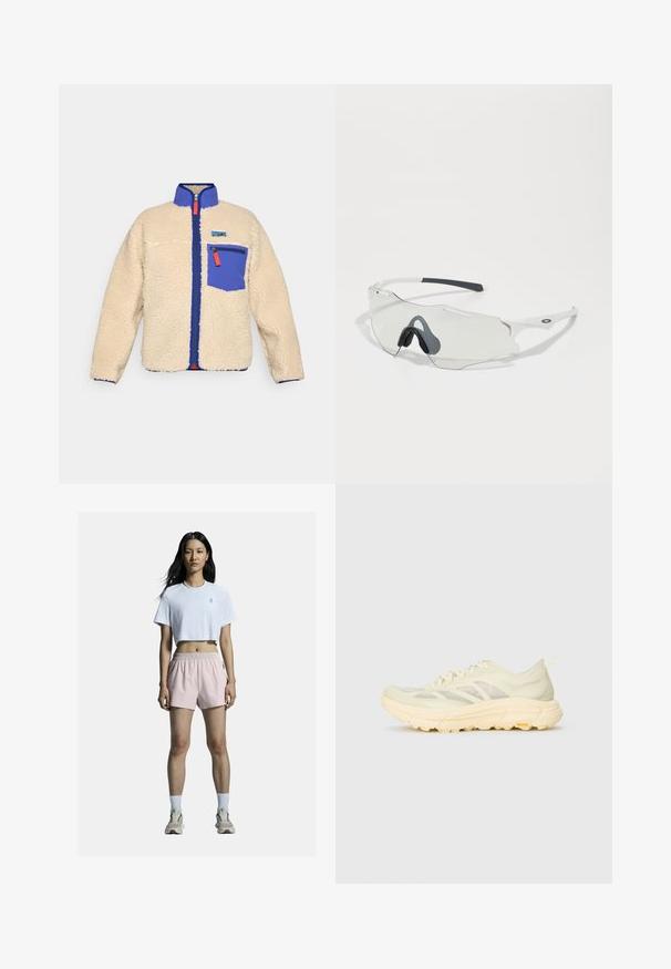 Fleec jakna u bež boji s plavim ovratnikom i džepom. Ima prednji patentni zatvarač s narančastom ručkom i mali logo na prsima.; Svijetlo siva, dugih rukava kratka majica od rastezljivog materijala, s okruglim dekoltea i elegantnim dizajnom. Uparena s crnim tajicama visokog struka.; Bijela skraćena majica s logom, uparena s svijetloružičastim sportskim kratkim hlačama s elastičnom strukom. Bijele čarape i neutralne tenisice upotpunjuju odjevnu kombinaciju.; Svijetlo bež atletska tenisica s prozirnim gornjim dijelom, debelim pjenastim potplatom, bočnim vezicama i Vibram logom na vanjskom potplatu.; Naočale za sunce s prozirnim staklima, bijelim okvirom i sivim gumiranim nosnim jastučićima. Karakterizira ih elegantan dizajn, uglasti oblik i minimalni akcenti hardvera.