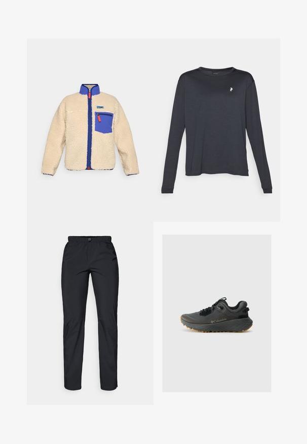 Fleec jakna u bež boji s plavim ovratnikom i džepom. Ima prednji patentni zatvarač s narančastom ručkom i mali logo na prsima.; Tamna majica dugih rukava od teksturiranog materijala, s okruglim izrezom i malim bijelim logom na lijevoj strani prsnog područja.; Crne, lagane, vodoodbojne hlače s elastičnom gumom u struku i dva bočna džepa; glatka tekstura; ravne nogavice.; Columbia TERRASTRIDE CRZ - Obuća za pješačenje - shark/black