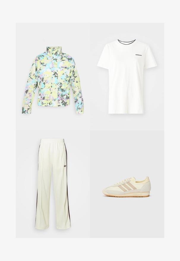 Multikleurige jas met een camouflagepatroon in pastelkleuren. Voorzien van een opstaande kraag en twee voorzakken. Gelaagd materiaal met een subtiele glans.; Witte katoenen t-shirt met korte mouwen en een ronde halslijn. Heeft een zwart Adidas-logo op de borst en een contrasterende zwarte binnenkraag.; Crème-kleurige sweatpants met een relaxte pasvorm, voorzien van donkerbruine zijstrepen en een geborduurd logo op de linkerdij.; Crème sport sneaker met drie beige strepen, suède en textielmaterialen, een gestructureerde zool en geperst logo op de hiel.