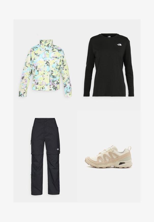 Krāsains jaka ar kamuflāžas rakstu pasteļkrāsās. Ar uzstādāmu apkakli un divām priekšējām kabatām. Tekstūra audums ar maigo spīdumu.; Melnas garām piedurknēm T-krekls, izgatavots no kokvilnas ar apaļu kaklu. Tam ir mazs balts logo kreisajā krūtīs. Vienkāršs dizains un piegulums.; Melni nailona bikses ar noņemamām kājām, regulējamiem uzmavām, vairākām kabatām un logotipu uz labās kājas. Gluda, viegla tekstūra.; Beige un krēma sporta apavi ar strukturētu tīkla virsmu, atbalstošajiem slāņiem un gumijas zoli ar protektoru rakstu, kas nodrošina saķeri.