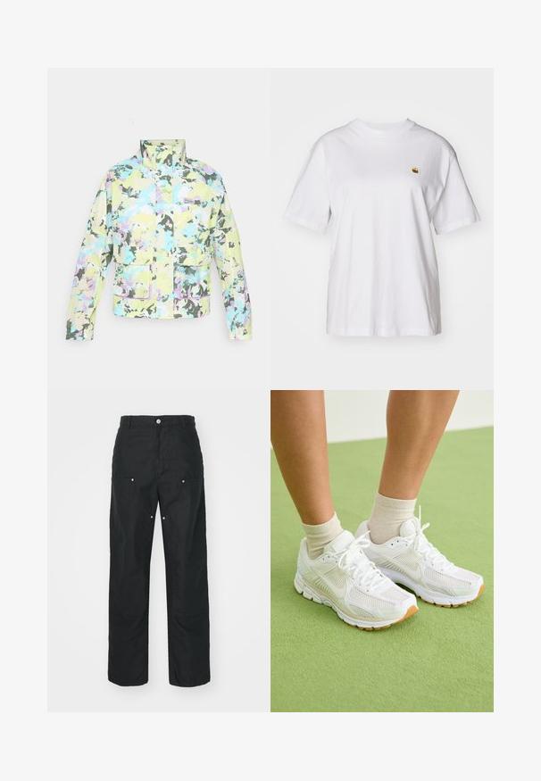 Krāsains jaka ar kamuflāžas rakstu pasteļkrāsās. Ar uzstādāmu apkakli un divām priekšējām kabatām. Tekstūra audums ar maigo spīdumu.; Balta kokvilnas T-kreklā ar brīvu piegriezumu, īsām piedurknēm un mazu izšūtu logotipu kreisajā krūtīs.; Melnas bikses ar taisniem diegiem, izgatavotas no teksturēta auduma. Satur dekoratīvus sudraba aksesuārus un unikālas vīļu detaļas.; Baltas sporta apavi ar acu tīkliņu, gumijas zoles un akcentējošām bēšām detaļām. Valkāti ar gaišām zeķēm uz zaļas virsmas.