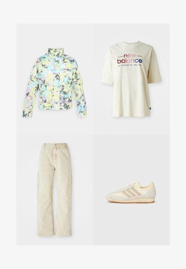Jachetă multicoloră cu un model de camuflaj în nuanțe pastelate. Are un guler ridicat și două buzunare în față. Material texturat cu un luciu subtil.; Tricou din bumbac de culoare crem, cu mâneci scurte, având un design colorat al logo-ului "new balance" și textul "ATHLETICS INC.".; Pantaloni din denim bej cu croi larg și talie înaltă, având închidere frontală cu nasture și fermoar, curea pentru centură și buzunare laterale. Textură moale.; Adidași atletici crem cu trei dungi bej, realizati din materiale din suede și textil, cu o talpă texturată și un logo embosat pe toc.