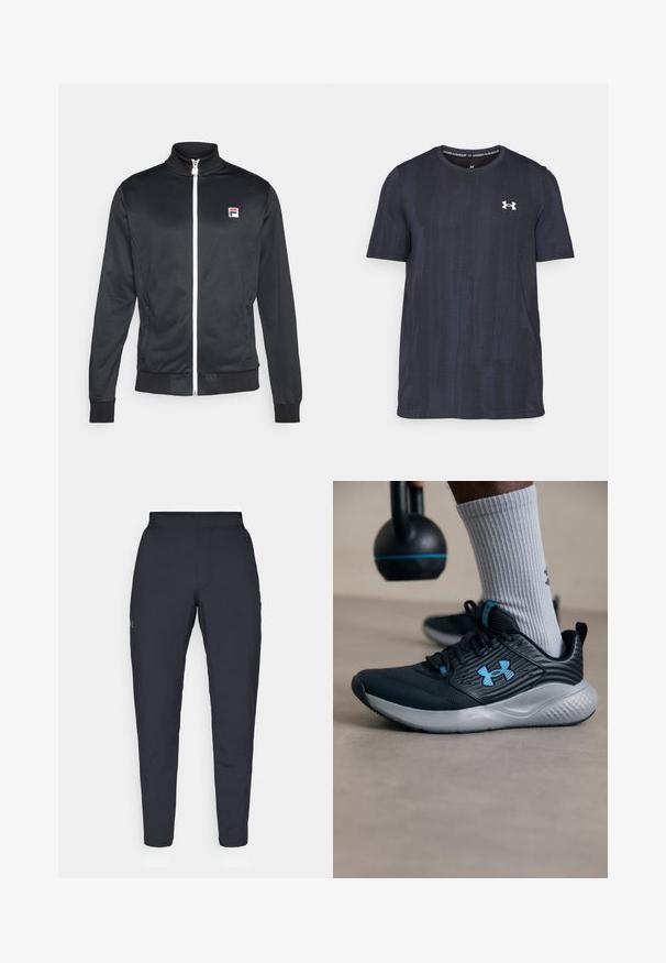 Fila JACKET MANUEL - Training jacket - black/white; Dark navy short-sleeve t-shirt made of breathable fabric, featuring a textured pattern and a white Under Armour logo on the chest.; Black athletic pants with a smooth texture, slim fit, elastic waistband, and side pockets. Features a small logo on the left thigh.; Black athletic shoe with blue accents, textured upper, and gray sole. Worn with gray ribbed socks, beside a black kettlebell.