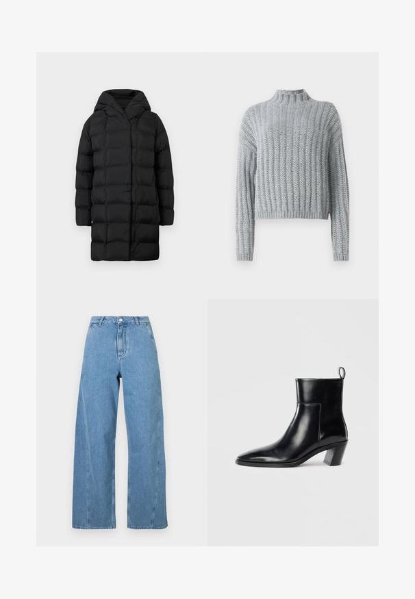 Cappotto imbottito nero con cappuccio, caratterizzato da un design trapuntato, maniche lunghe e una silhouette lunga fino al ginocchio per calore e copertura.; Maglione chunky grigio chiaro con motivo a costine, colletto alto, maniche lunghe e vestibilità leggermente cropped.; Camicia bianca a maniche lunghe con bottone in un morbido mix di cotone. Presenta un colletto classico, chiusura frontale con bottoni e polsini arrotondati.; Jeans a gamba larga di cotone denim di colore blu chiaro, con vita alta, taglio dritto e cuciture a contrasto lungo le cuciture.; Stivale alla caviglia in pelle nera con punta affusolata, tacco geometrico impilato e nastro di presa sul retro. Texture liscia e design elegante.