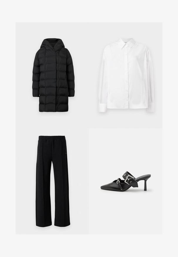 Juodos pūkinės striukės su gobtuvu, pasižyminčios siuvinėta dizainu, ilgomis rankovėmis ir kelio ilgio siluetu, užtikrinančiu šilumą ir padengimą.; Baltas ilgas rankovėmis marškiniai su mygtukais, pagaminti iš lygaus medvilnės mišinio. Yra klasikinė apykaklė, priekinis mygtukų uždarymas ir apvalios rankogaliai.; Juodi tiesūs kelnės su elastine juosta ir subtiliu tekstūruotu raštu per audinį ant balto fono.; Juodos aukštakulnės mule bateliai su smailiu pirštu, pagaminti iš lygaus odos. Turi platų kulkšnies dirželį su kvadratiniu sidabro sagtimi ir skulptūromis.