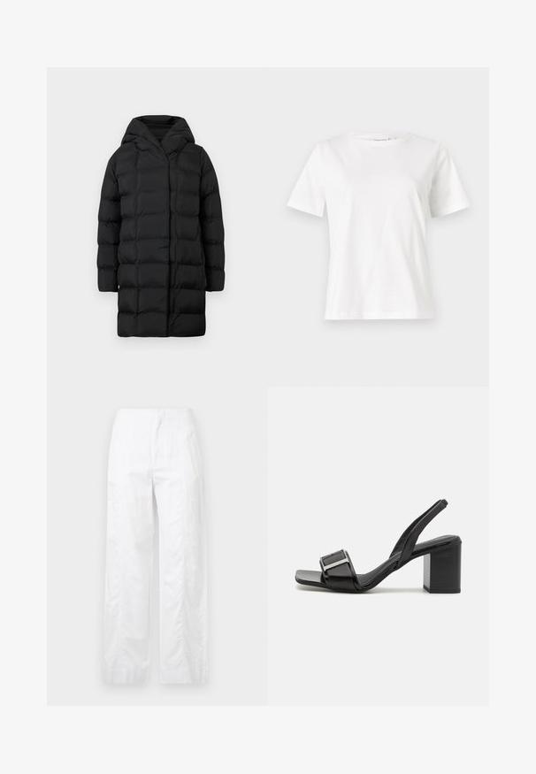 Black puffer coat with a hood, featuring a quilted design, long sleeves, and a knee-length silhouette for warmth and coverage.; White cotton t-shirt with short sleeves, round neckline, and a relaxed fit. Smooth texture, no patterns or accents, minimalistic design.; White wide-leg trousers made of lightweight fabric, featuring a smooth texture, clean lines, and a high waist design.; Black slingback heels with a square toe, block heel, and metallic buckle detail. Made of smooth synthetic material.