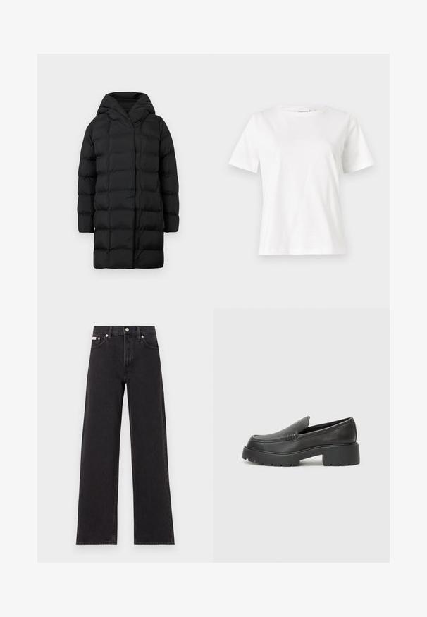 Sort puffervinterjakke med hætte, der har et quiltet design, lange ærmer og knælang silhuet for varme og dækning.; Hvid bomulds t-shirt med korte ærmer, rund halsudskæring og en afslappet pasform. Glat tekstur, ingen mønstre eller accenter, minimalistisk design.; Sorte vidde jeans lavet af denim, med høj talje, fem-lomme stil og en metalknap lukning med kontrasterende syninger.; Sorte læder loafers med rund tå, tyk tekstureret sål og minimale syninger. Elegant design uden synlige snørebånd eller hardware.