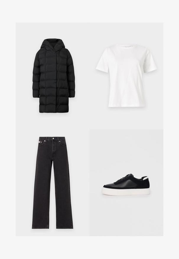 Fekete puffermellény kapucnival, steppelt mintával, hosszú ujjakkal és térd alá érő siluettel a melegség és a védelem érdekében.; Fehér pamut póló rövid ujjakkal, kerek nyakkivágással és laza szabással. Sima textúra, nincsenek minták vagy díszítések, minimalista dizájn.; Fekete, bőszárú farmernadrág, magas derekú, öt zsebes kialakítással és fém gombos záródással, kontrasztos varrással.; Fekete sportcipő sima bőrből és velúr panelekkel, lapos fűzőkkel, kerek orral és fehér gumi talppal. Megkülönböztető logó a sarkán.