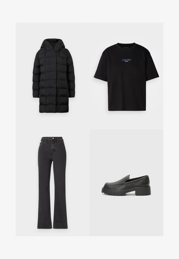 Sort puffervinterjakke med hætte, der har et quiltet design, lange ærmer og knælang silhuet for varme og dækning.; Sort bomulds t-shirt med rund hals, korte ærmer og blåt broderet "Calvin Klein JEANS" logo på fronten.; Sorte højtaljede flagrende jeans lavet af denim, med knaplukning, bæltestropper og sidelommer. Glat tekstur med minimal falming.; Sorte læder loafers med rund tå, tyk tekstureret sål og minimale syninger. Elegant design uden synlige snørebånd eller hardware.