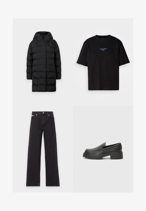 Black puffer coat with a hood, featuring a quilted design, long sleeves, and a knee-length silhouette for warmth and coverage.; Black cotton t-shirt with a round neck, short sleeves, and blue embroidered "Calvin Klein JEANS" logo on the front.; Black wide-leg jeans made of denim, featuring a high-rise waist, five-pocket styling, and a metal button closure with contrasting stitching.; Black leather loafers with a rounded toe, thick textured sole, and minimal stitching details. Sleek design with no visible laces or hardware.