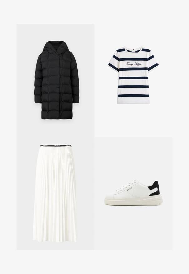 Sort puffervinterjakke med hætte, der har et quiltet design, lange ærmer og knælang silhuet for varme og dækning.; T-shirt i bomuld med vandrette marineblå striber på en hvid baggrund. "Tommy Hilfiger" broderet i kursiv på brystet. Rund hals.; Plisseret hvid nederdel med en sort elastisk talje, der har "LACOSTE"-logoet. Mellemlang design med blød tekstur.; Hvide lædersneakers med en tyk hvid sål, sort ruskindhælvægt og prægede logoer på siden. Snørebåndsdesign med seks øjer.