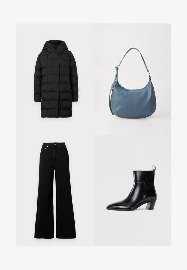 Black puffer coat with a hood, featuring a quilted design, long sleeves, and a knee-length silhouette for warmth and coverage.; Light pink tank top made of soft, stretchy fabric. Features a round neckline and narrow shoulder straps, with a smooth texture and fitted shape.; Black wide-leg jeans made from denim, featuring a high waist, five pockets, front button closure, and minimal stitching details.; Black leather ankle boot with a pointed toe, a geometric stacked heel, and a pull tab at the back. Smooth texture and sleek design.; Blue leather handbag with a rounded shape, single shoulder strap, zip closure, and embossed brand name on the front. Smooth texture.