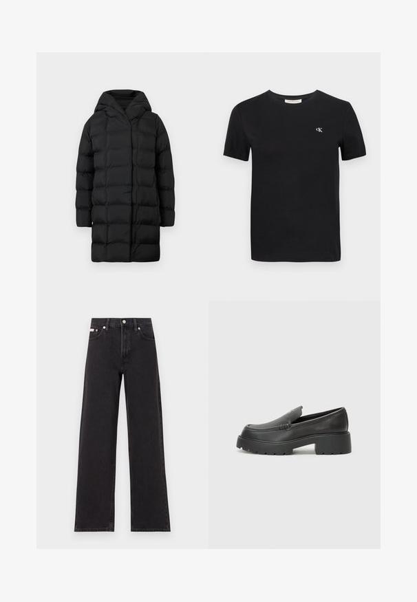 Sort puffervinterjakke med hætte, der har et quiltet design, lange ærmer og knælang silhuet for varme og dækning.; Sort bomulds t-shirt med en klassisk crew neck, korte ærmer og et lille hvidt broderet "ck" logo på brystet.; Sorte vidde jeans lavet af denim, med høj talje, fem-lomme stil og en metalknap lukning med kontrasterende syninger.; Sorte læder loafers med rund tå, tyk tekstureret sål og minimale syninger. Elegant design uden synlige snørebånd eller hardware.