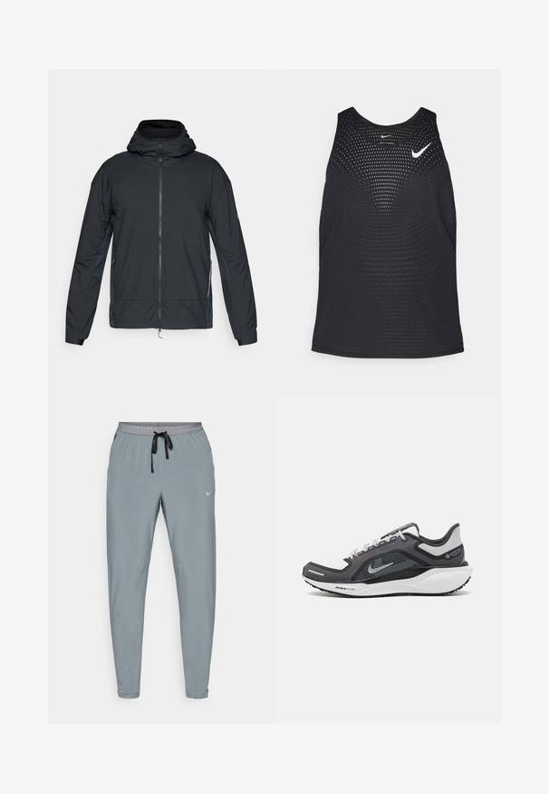 Čierna zateplená bunda s kapucňou, s hladkým povrchom, elastickými manžetami a kontrastnými bočnými panelmi v tmavšej farbe.; Čierny športový tielko s perforovanou textúrou a zaobleným výstrihom. Na hrudi je biele logo Nike.; Sivé športové nohavice so slim fit strihom, elastickým pásom, šnúrkou na stiahnutie a diskrétnym logom Nike. Vyrobené z ľahkej, hladkej tkaniny.; Čierna a sivá športová obuv s vrchnou časťou z priedušného materiálu, reflexné akcenty a biely medzipodrážka. Obsahuje štruktúrovanú gumovú podrážku a šnúrky.