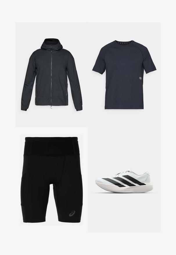 Black zip-up jacket with a hood, featuring a smooth texture, elastic cuffs, and contrasting side panels in a darker shade.; Dark navy short-sleeve t-shirt made of lightweight fabric, featuring a crew neckline with small eyelet details at the back and logo on the front side.; Black athletic shorts with a fitted design, made of smooth material. Features a high waistband and a small logo on the lower left leg.; Lightweight running shoes in pale blue with black stripes. Features a smooth upper, round toe, and thick white midsole labeled "LIGHTSTRIKE PRO."