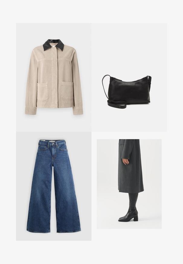 Beige jakke med en svart skinnkrage, med rett snitt, to frontlommer og en jevn tekstur. Enkel design, uten mønstre.; Svart cropped t-skjorte i bomull med korte ermer og rund hals, med et rent, sømløst design og myk tekstur.; Videben blå denim bukser med fem lommer, en knaplukning og kontrastsyninger, som har en blød og tekstureret overflade.; Grå, skreddersydd frakk med rett snitt; kombinert med knehøye svarte lærstøvler med firkantet tå og kraftig hæl.; Svart skinn skulderveske med glatt tekstur, buet form, justerbar stropp og glidelås. Minimalistisk design uten dekorasjoner.