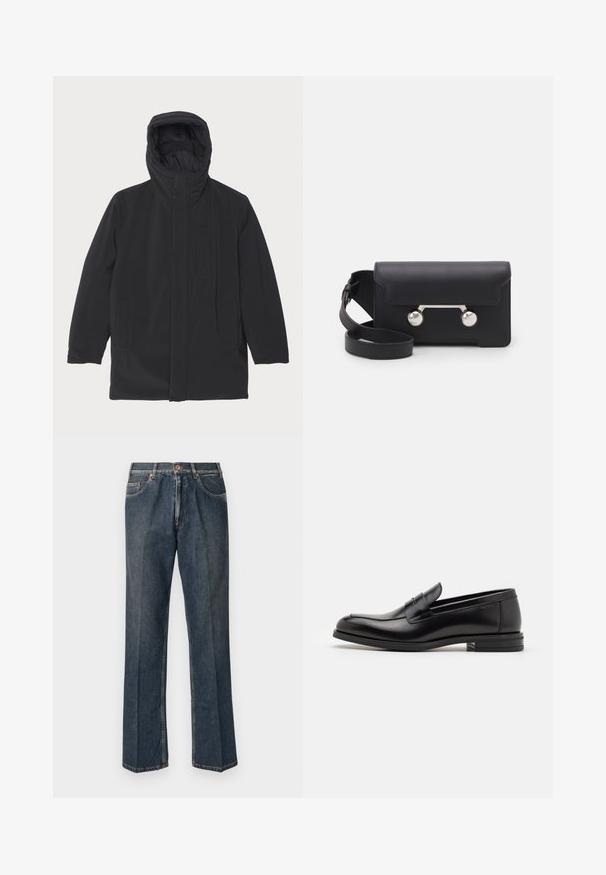 ASPESI LIAM - Parka - black; Kremasti pleteni pulover s polo ovratnikom, rebrastim manžetama i donjim rubom, s prednjim kopčanjem i mekanom teksturom.; Tamno plave traperice ravnog kroja s prednjim gumbom, patentnim zatvaračem, dvojim prednjim džepovima i vidljivim vertikalnim naborima duž nogu.; Crni kožni mokasini s glatkom teksturom, zaobljenim prstima i ukrasnom trakom preko prednjeg dijela. Niski slojeviti potplat, minimalistički dizajn.; Crna kožna crossbody torba s preklopom, hardverom srebrne boje i dva okrugla detalja. Ima odvojivi remen. Glatka tekstura.