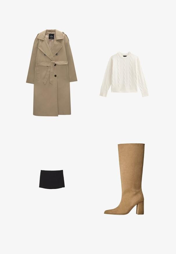 Beige dubbelknäppt trenchcoat med bälte, breda slag, axelkläppar, sidofickor och knapplåsningar.; Vit kabelstickad ulltröja med långa ärmar och ribbade muddars och nederkant, rundhalsad, som visas mot en vit bakgrund.; Svart minikjol i slät, elastisk tyg; har en rak passform med en diskret fåll och inga synliga knäppningar eller mönster.; Tan mockasins knähöga stövlar med blockklack, med spetsig tå och slät textur. Minimalistisk design utan utsmyckningar.