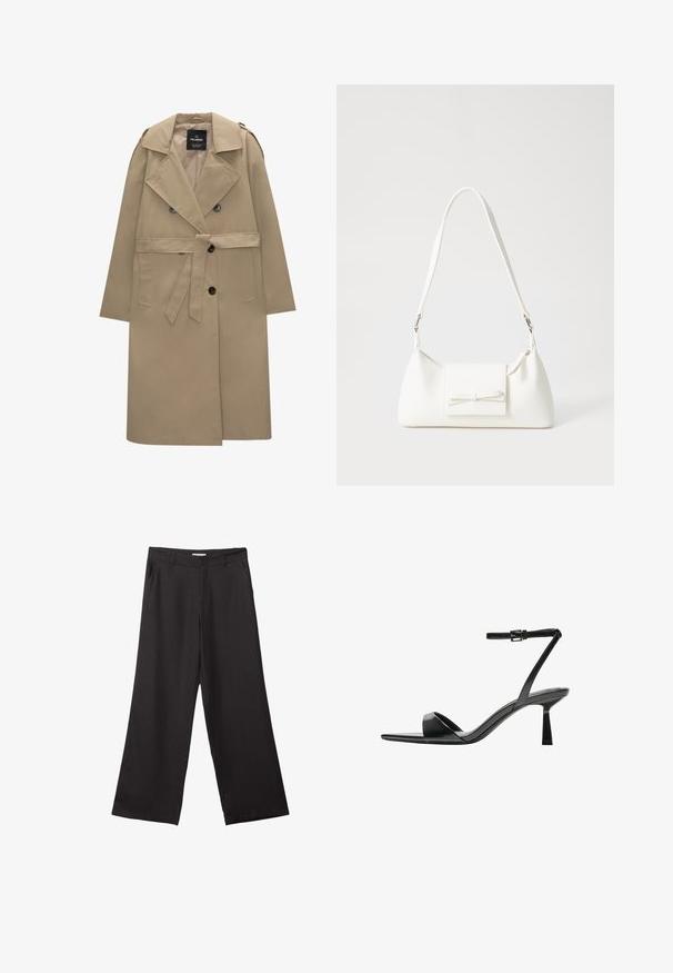 Vaale beige kaksirivinen trench-takki vyöllä, leveillä läpillä, olkapäälapuilla, sivutaskuilla ja napitus. ; Musta hihaton paita, joka on valmistettu puuvillasta, ja jossa on pyöreä kaula-aukko sekä leveät kainaloaukot. Silkkinen pinta ja ommellut reunat. Klassinen, minimalistinen muotoilu.; Mustat leveälahkeiset housut, jotka on valmistettu sileästä kankaasta. Niissä on edessä vetoketju ja kaksi sivutaskua, ja niiden muotoilu on räätälöity ja minimalistinen.; Bershka Korolliset sandaalit - black; Valkoinen synteettinen käsilaukku, jossa on kolmikulmainen muoto, tasainen etu läppä ja nauhadetail, säädettävä olkahihna, sileä rakenne ja minimalinen muotoilu.