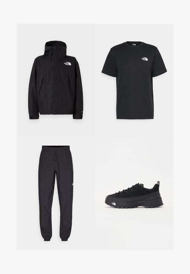 Casaco preto impermeável com capucho, apresentando um fecho frontal com zíper e botões de pressão. Inclui logótipo no peito e punhos ajustáveis.; T-shirt de algodão preto com mangas curtas, decote redondo e um pequeno logótipo branco no lado esquerdo do peito. Design simples, textura suave e corte relaxado.; Calças atléticas pretas feitas de tecido leve, com um cós ajustável por cordão, bolsos laterais e punhos afunilados nos tornozelos.; Sapatilha de exterior preta com parte superior em camurça, sola de borracha texturizada e sistema de atacadores robusto. Apresenta um calcanhar reforçado e o logótipo da marca na lateral.