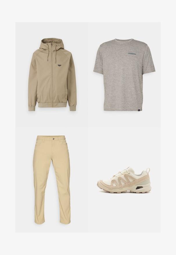 Volcom RAYNAN - Vodotěsná bunda - khaki; Šedé tričko s krátkým rukávem vyrobené z měkké, texturované látky, se malým modrým logem Patagonia na levé straně hrudi. Žádné další vzory.; Patagonia QUANDARY PANTS - Outdoorové kalhoty - classic tan; Béžová a krémová sportovní obuv s texturovaným síťovaným svrškem, podpůrnými překryvy a gumovou podrážkou s dezénem pro lepší přilnavost.