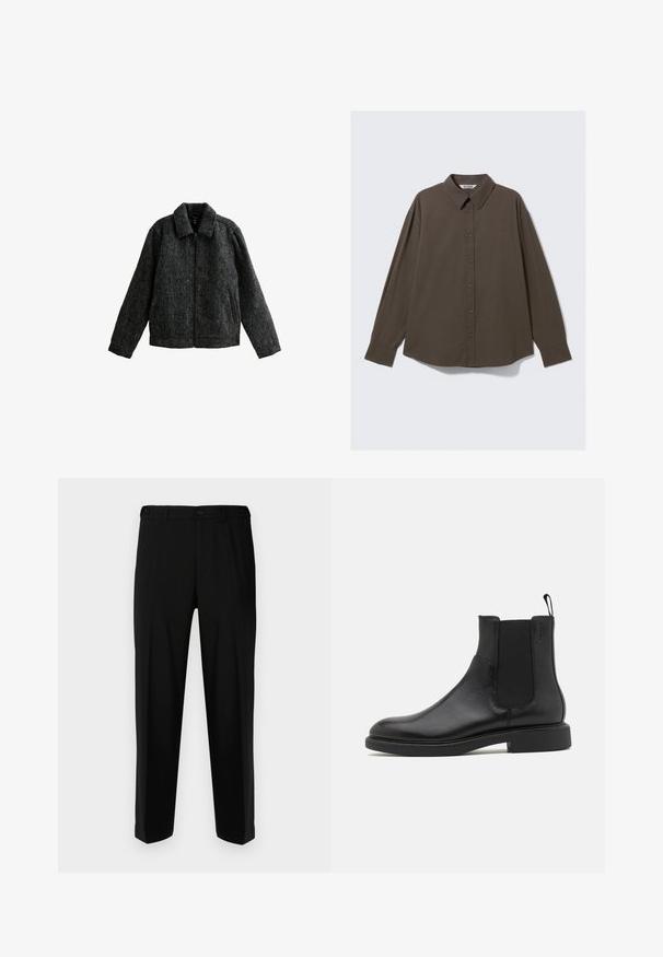 Szara kurtka zapinana na zamek z kołnierzykiem. Wykonana z fakturowanej tkaniny o miękkim wykończeniu. Posiada dwie boczne kieszenie i długie rękawy.; Brązowa koszula w kratę z długim rękawem, z kołnierzykiem zapinanym na guziki, o luźnym kroju i delikatnie zaokrąglonym dole. Materiał jest teksturowany.; Czarne spodnie wykonane z gładkiego materiału, o prostym kroju, z dwoma przednimi kieszeniami oraz zapięciem na zamek błyskawiczny i guzik.; Czarny skórzany botek za kostkę o gładkiej fakturze, z elastycznymi bocznymi panelami i pętelką do zakupu. Okrągły nosek i płaska gumowa podeszwa z minimalnym bieżnikiem.