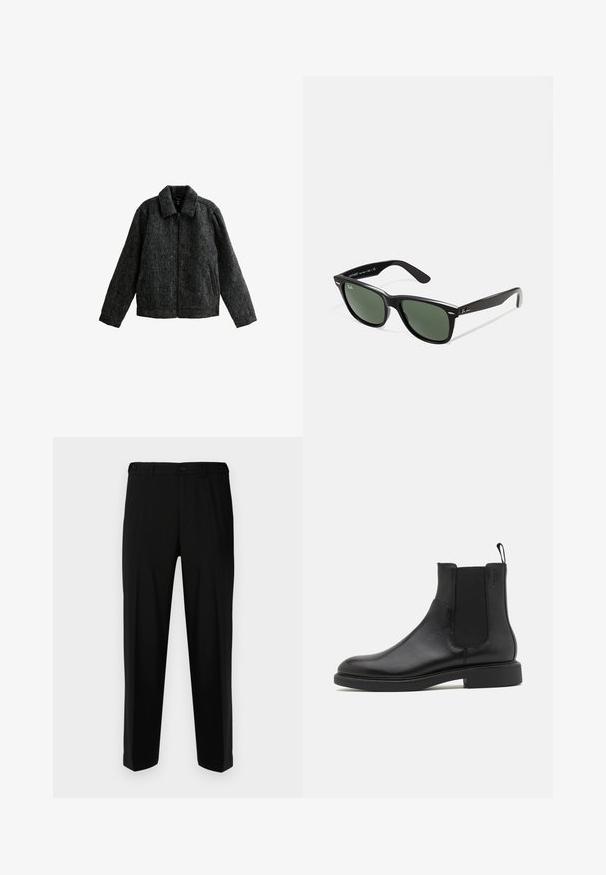 Giacca grigia con zip e colletto. Realizzata in tessuto strutturato con una finitura morbida. Caratterizzata da due tasche laterali e maniche lunghe.; Polo a maniche lunghe marrone con colletto e polsini crema, patta con bottoni e logo circolare "Prohibited Berlin" sul lato sinistro del petto.; Pantaloni neri realizzati in tessuto liscio, con una vestibilità dritta, due tasche frontali e una chiusura con zip e bottone.; Stivale alla caviglia in pelle nera con texture liscia, pannelli laterali elastici e una linguetta per il tallone. Punta rotonda e suola piatta in gomma con minimo battistrada.; Occhiali da sole in plastica nera con lenti verdi, montatura quadrata, dettaglio argento sulla parte superiore e steli con texture. Marchio indicato sulla parte interna dello stelo.