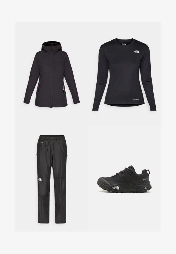Icepeak BANNISTER - Mekana jakna - black; The North Face SHADOW LONG SLEEVE - Top dugih rukava - black; Crne vodootporne hlače napravljene od lagane tkanine, s elastičnim pojasom, bočnim džepovima i logotipom na lijevoj nozi.; Crne planinarske cipele s teksturiranim gornjim dijelom, zatvaranjem na vezivanje i debelim gumenim potplatom koji sadrži istaknuti logo na strani i uzorke na gaznom sloju.