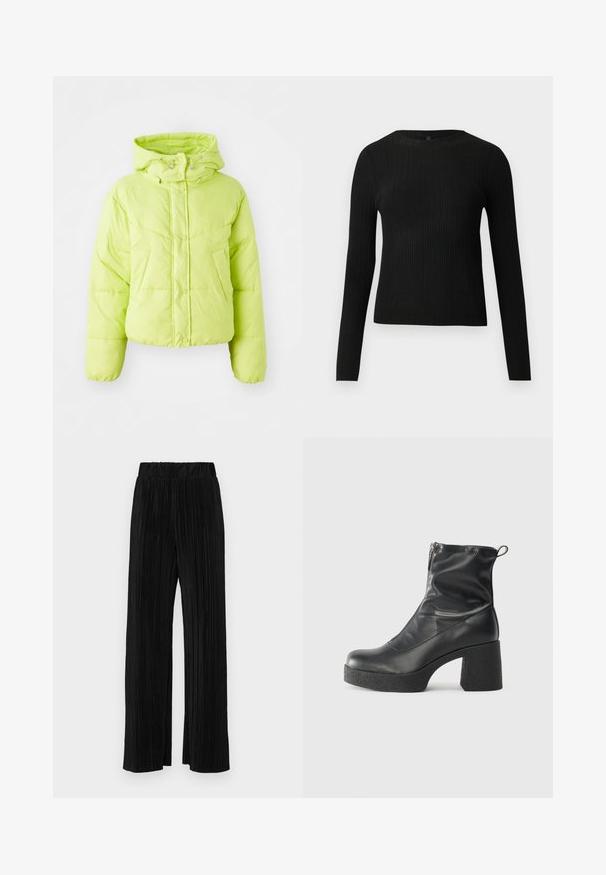 Limevihreä puhvitakki, jossa on korkea kaulus, napitus ja tikattu kuviot. Pehmeä, kevyt materiaali; lyhyt malli ja joustavat hihansuut.; Mustat ribbitetut pitkähihaiset tiukat neuleet, joissa on pyöreä pääntie, esillä yksinkertaisella vaalealla taustalla.; Mustat pleatatut housut, joissa on joustava vyötärö. Ominaisuuksiin kuuluvat leveät lahkeet ja sileä, teksturoitu kangas, jossa on pystysuoria raitoja.; Mustat nilkkurit, jotka on valmistettu sileästä nahasta. Niissä on sivuvetoketju, paksu teksturoitu korko ja pyöristetty kärki.