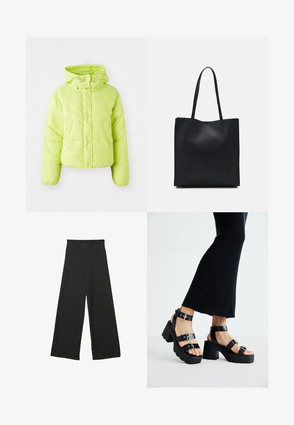 Jasnozielona kurtka puchowa z wysokim kołnierzem, zapięciem na zatrzaski i pikowanym wzorem. Miękki, lekki materiał; krojona w talii i elastyczne mankiety.; Czarny t-shirt z krótkim rękawem wykonany z bawełny. Posiada okrągły dekolt, luźny krój oraz czysty dół bez widocznych wzorów czy akcesoriów.; Czarne spodnie szerokie z nogawkami, wyposażone w wysoki elastyczny pas, wykonane z miękkiego materiału i luźnym kroju, idealne do codziennego noszenia lub w luźniejszych okolicznościach.; Czarne platformy na sandały z grubymi, żłobionymi podeszwami i wieloma paskami, z metalowymi klamrami i gładką, skórzano-podobną fakturą.; Czarna skórzana torba tote o gładkiej fakturze, prostokątnym kształcie i dwóch długich uchwytach. Brak widocznych elementów metalowych i ozdób.
