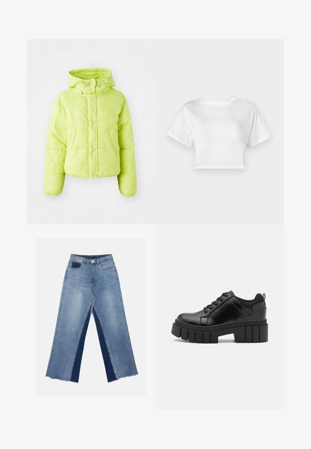 Svijetlozelena puffer jakna s visokim ovratnikom, zatvaranjem na snapticama i kvadratnim uzorkom. Mekan, lagan materijal; skraćeni kroj i elastični rukavi.; Bijela skraćena majica od pamuka. Kratki rukavi, okrugli izrez, glatka tekstura, ležeran dizajn bez uzoraka ili ukrasa.; Svijetloplave široke traperice s kontrastnim tamnoplavim panelima, rastrganim rubovima i standardnim strukom s metalnim kopčanjem.; Crne kožne platforme s debelim blok-peta, okruglim prstima i klasičnim dizajnom vezanja. Imaju gladak tekstur i minimalne detalje.