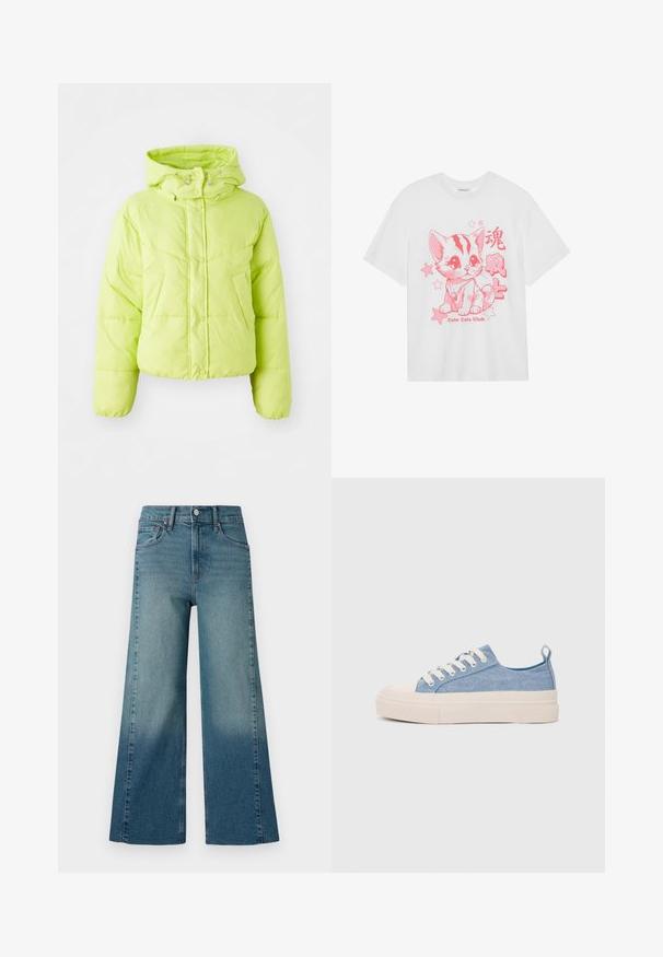 Veste matelassée vert lime avec un col haut, fermeture à boutons-pression et motif matelassé. Matériau doux et léger ; coupe courte et poignets élastiques.; T-shirt en coton blanc avec une illustration rose d'un chat et des étoiles, accompagné du texte "Cute Cats Club" en dessous du design.; Jeans à jambe large dans un délavage bleu moyen, présentant un effet dégradé du plus foncé au plus clair. Fabriqués en denim avec un design traditionnel à cinq poches.; Baskets en toile bleu clair avec une coque en caoutchouc crème et une semelle extérieure, dotées de lacets blancs et d'une languette au talon.